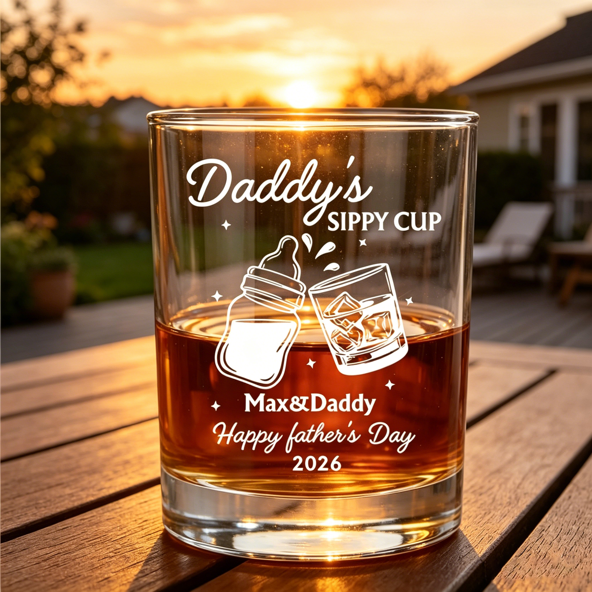 Personalized Daddy's Sippy Cup Whiskey Glass With Names & Baby Bottle - Father's Day Gift For Dad