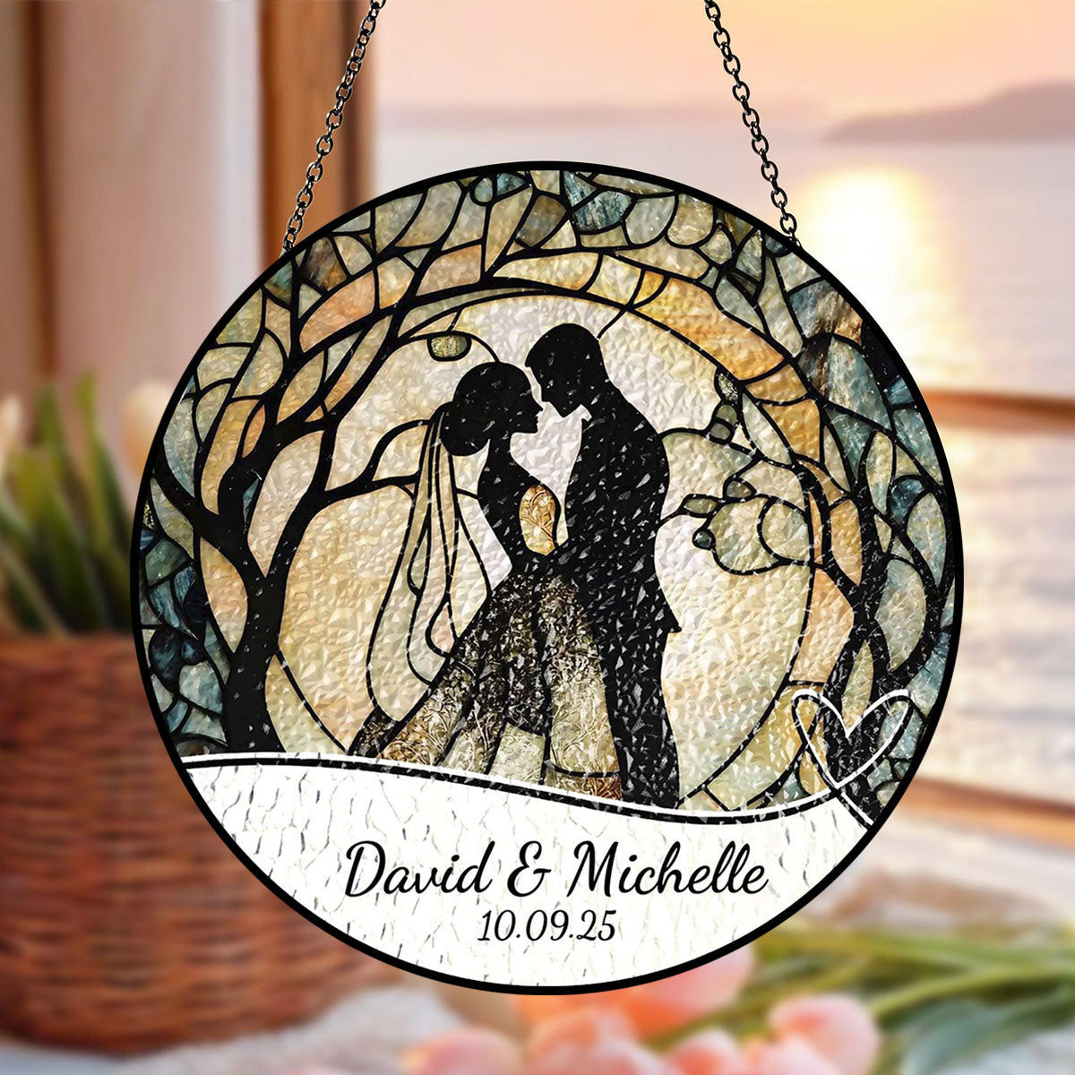 Personalized Wedding Stained Glass Suncatcher Ornament With Couple Names & Year - Wedding Anniversary Gift For Newlyweds