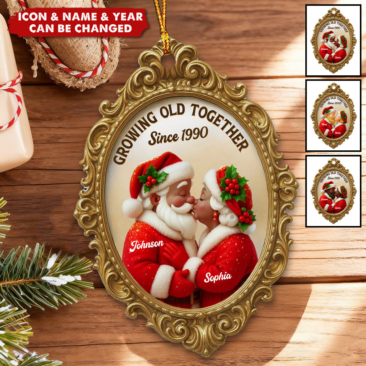 Personalized Vintage Mr. & Mrs. Claus Frame Ornament With Names Design & Year "Growing Old Together Since" Christmas Decoration For Couples