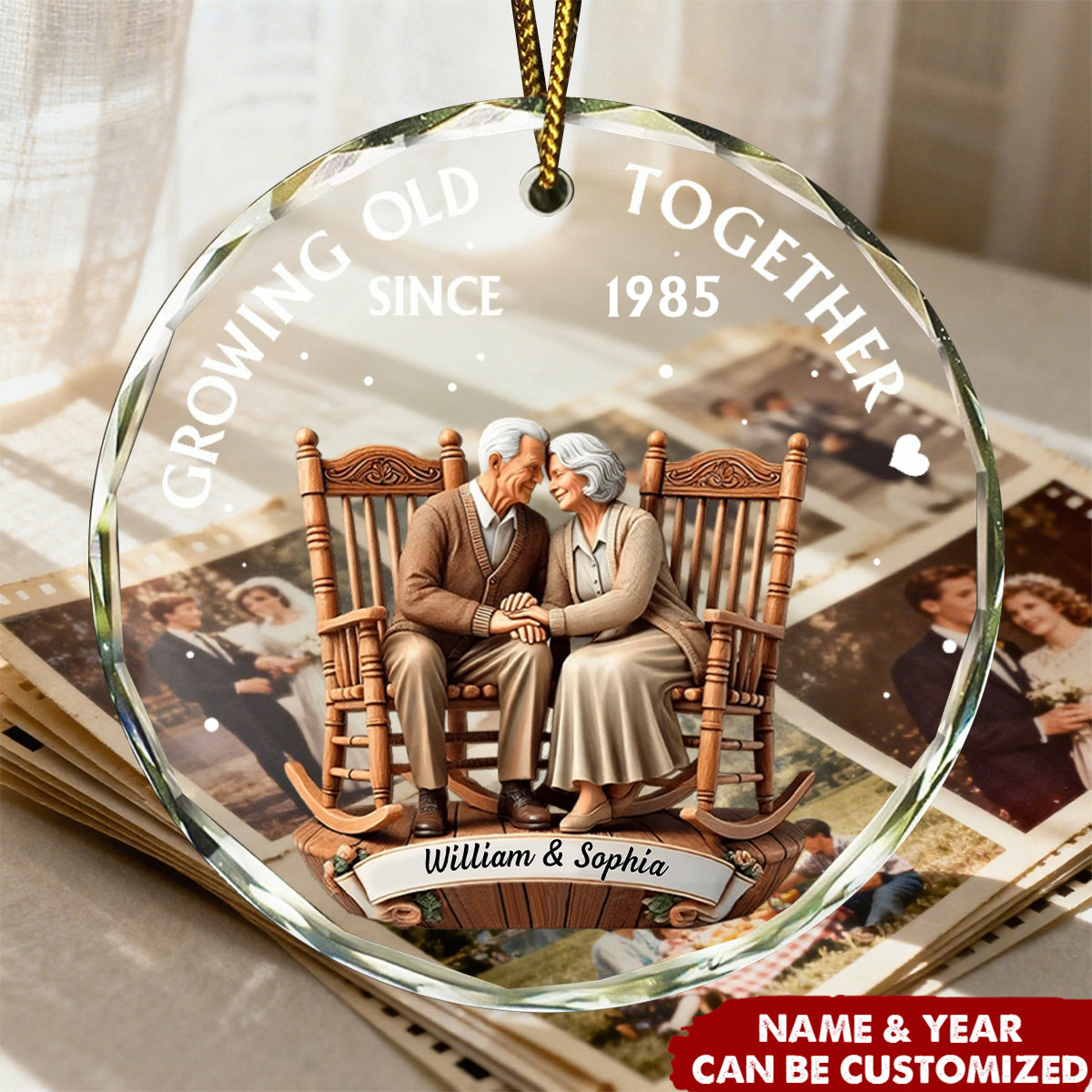 Personalized "Growing Old Together" Ornament With Names & Year Glass Keepsake Romantic Anniversary Christmas Gift For Couple Grandparents