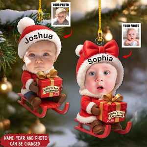 Personalized Baby Cheering On The Sled Ornament With Name Year & Photo Record Baby's 1st Christmas For Family