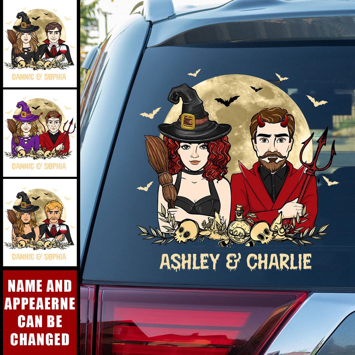Personalized Halloween Couple Witch And Devil Decal With Design & Names Halloween Decor Spooky Romantic Car Home Decor For Couple For Friend