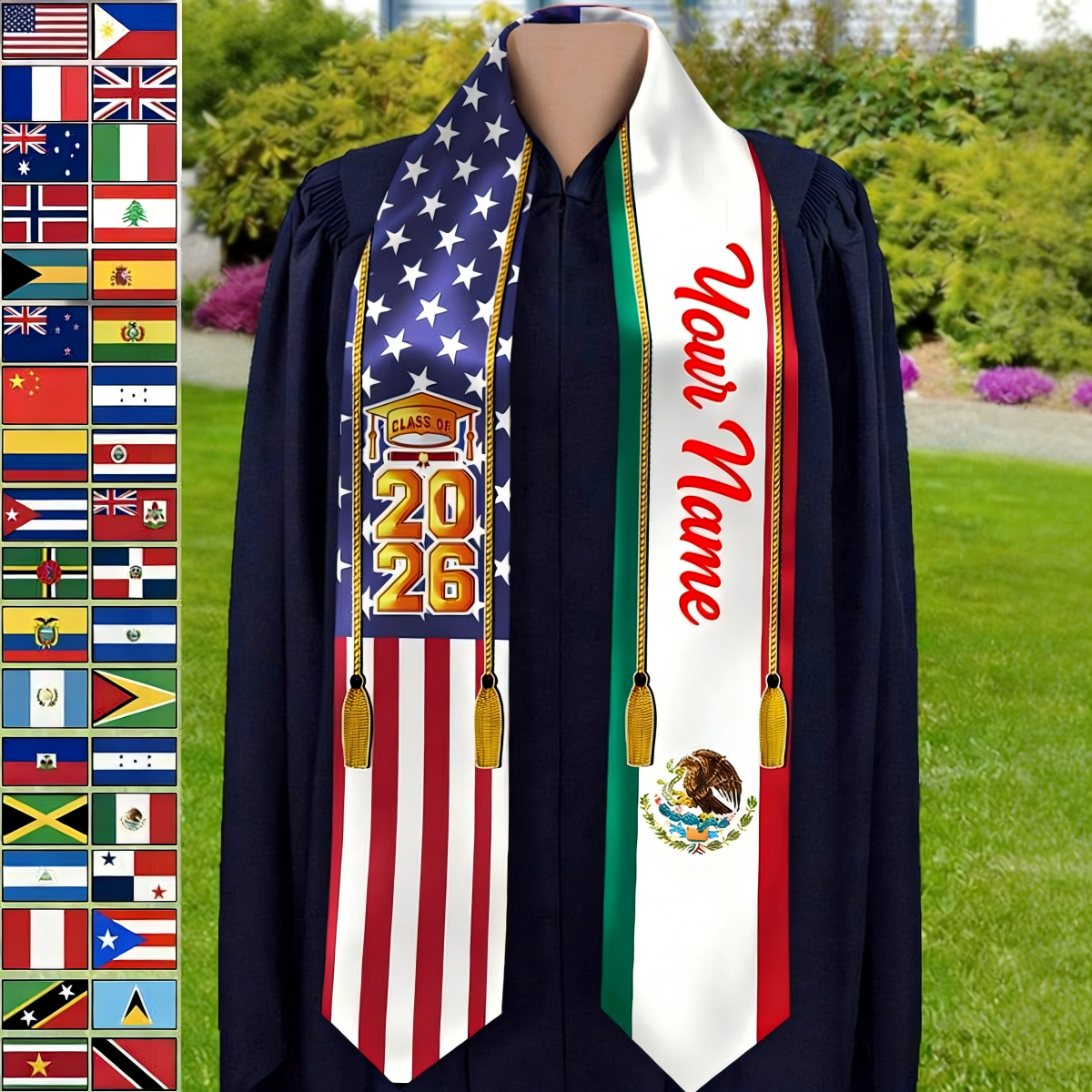 Personalized Country Flag Class of 2026 Stoles Sash With Name & Year | Graduation Senior Gift