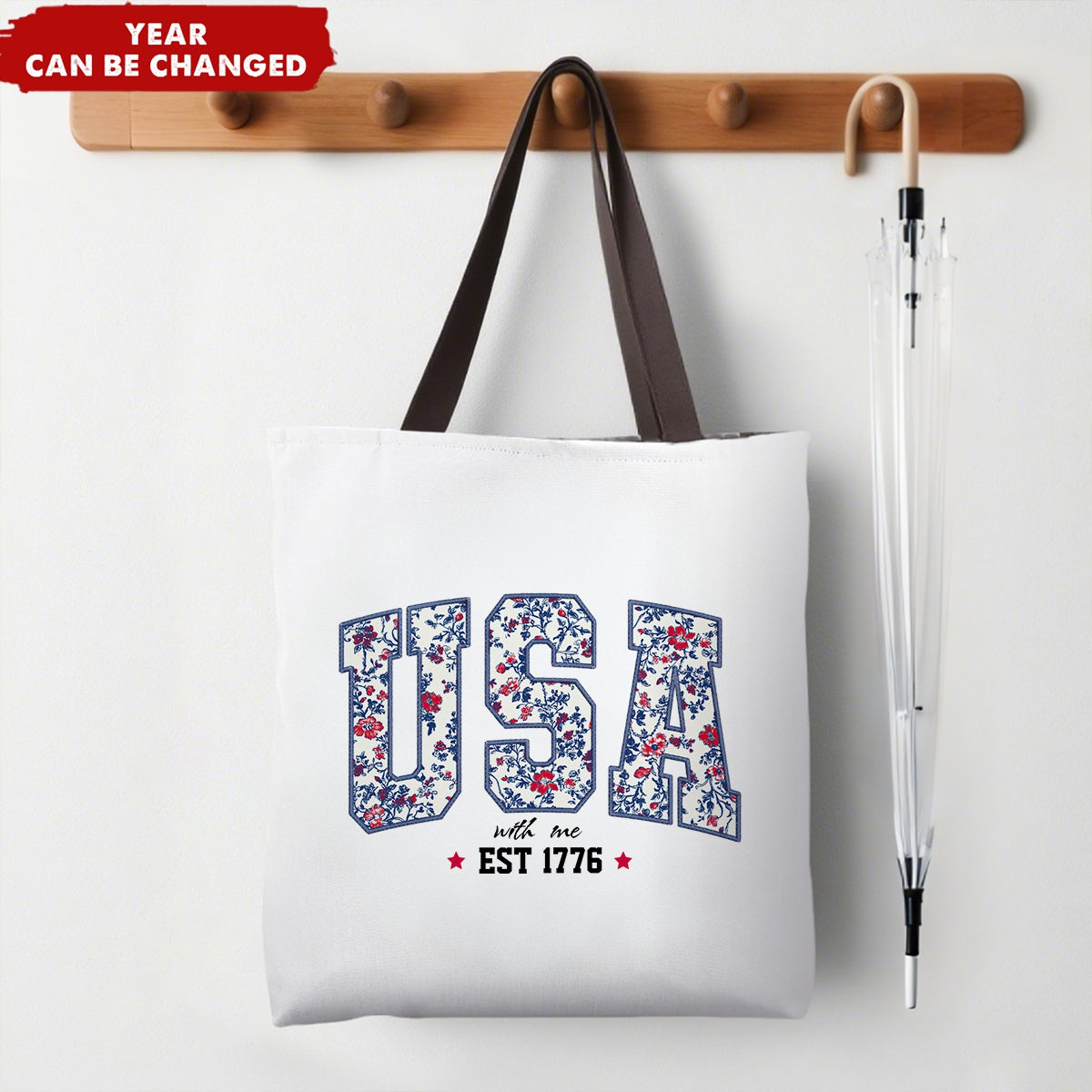 Personalized Tote Bag Floral USA 4th Of July Summer Patriotic America Est 1776 Independence Day