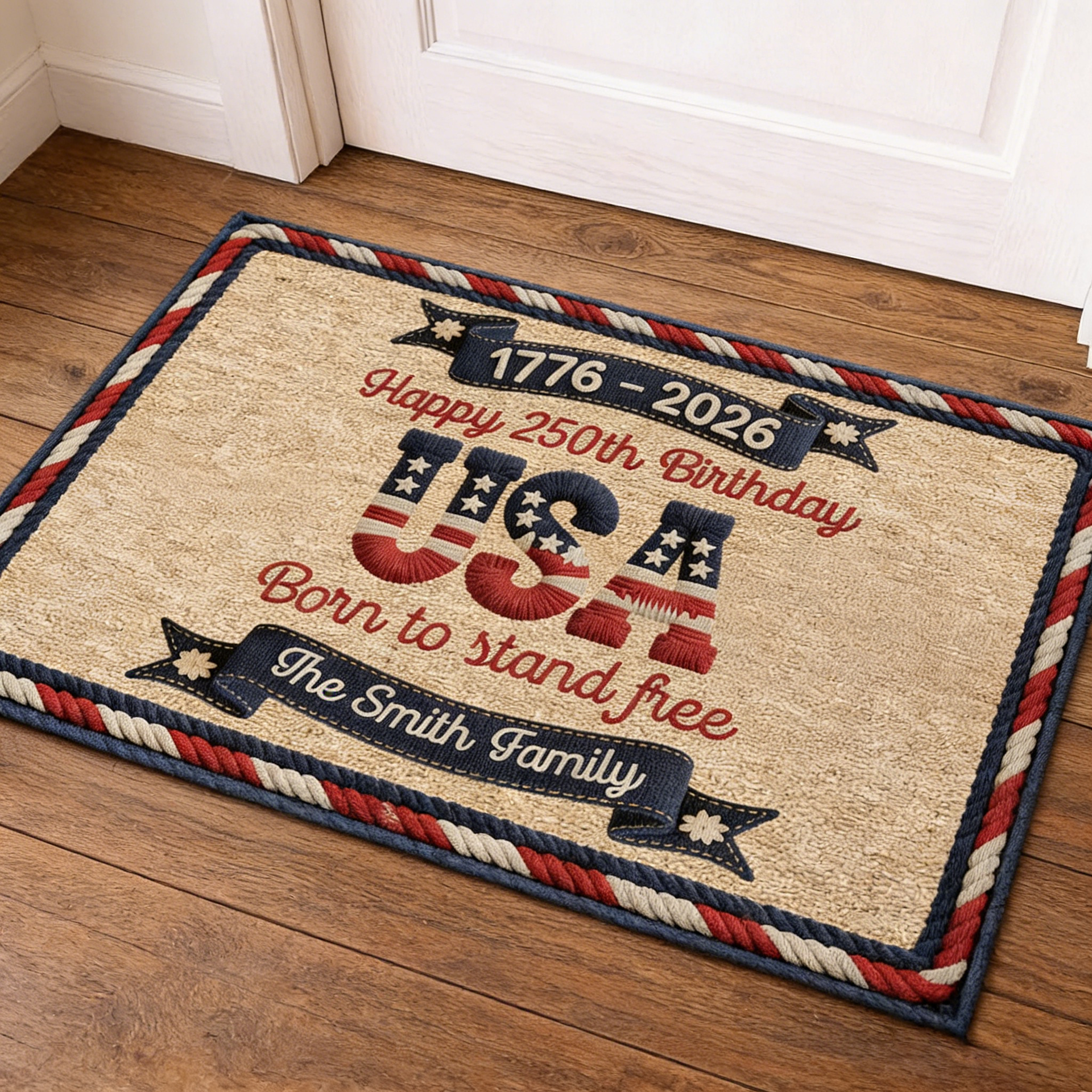 Personalized USA 250th Semicentennial Welcome Doormat With  Family Name & Qoute - 2026 Independence Day Commemorative Gift For Home