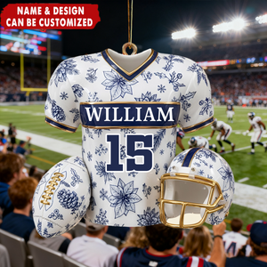 Personalized Toile-Style Football Jersey & Helmet Ornament With Name & Number - Christmas Decor Birthday Gift For Football Players & Fan