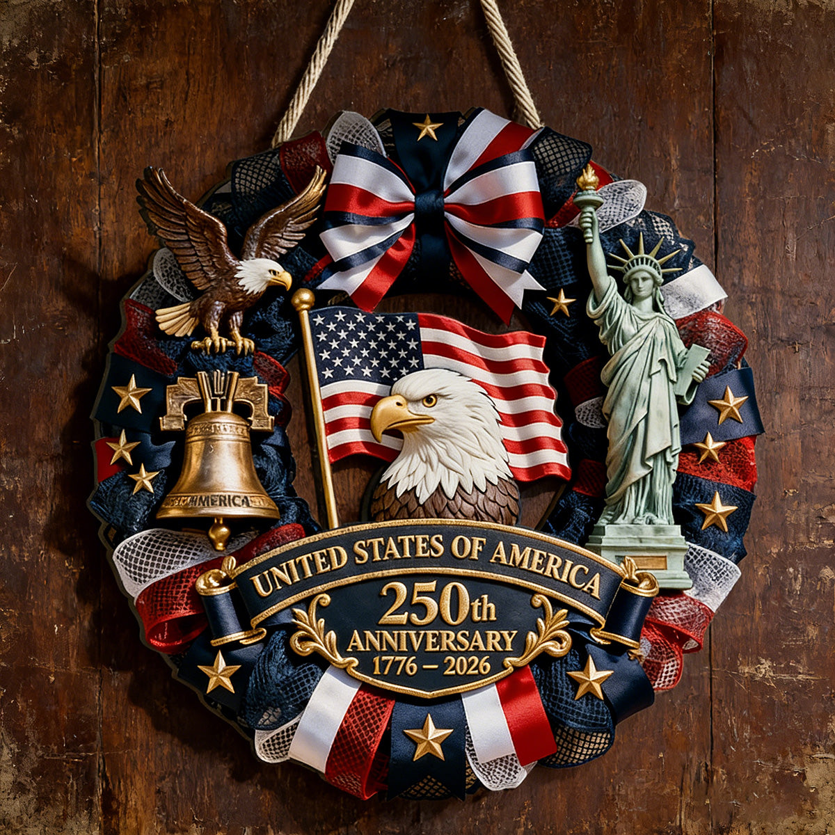 Personalized 250th Anniversary USA Wood Sign With Family Name & Liberty Icons - Historic 2026 Independence Day Decor For Proud Americans