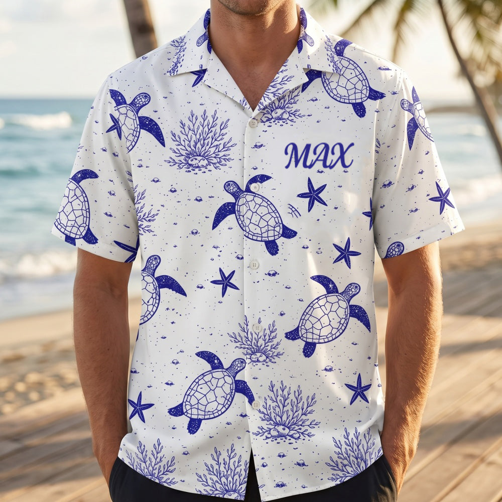 Personalized Name Hawaiian Shirt With Sea Turtle & Starfish Graphic For Summer Beach Vacation