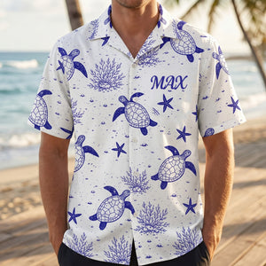 Personalized Name Hawaiian Shirt With Sea Turtle & Starfish Graphic For Summer Beach Vacation