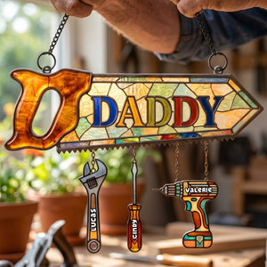Personalized Daddy's Tool Kid Suncatcher Ornament With 1-6 Names & Design - Unique Father's Day Gift