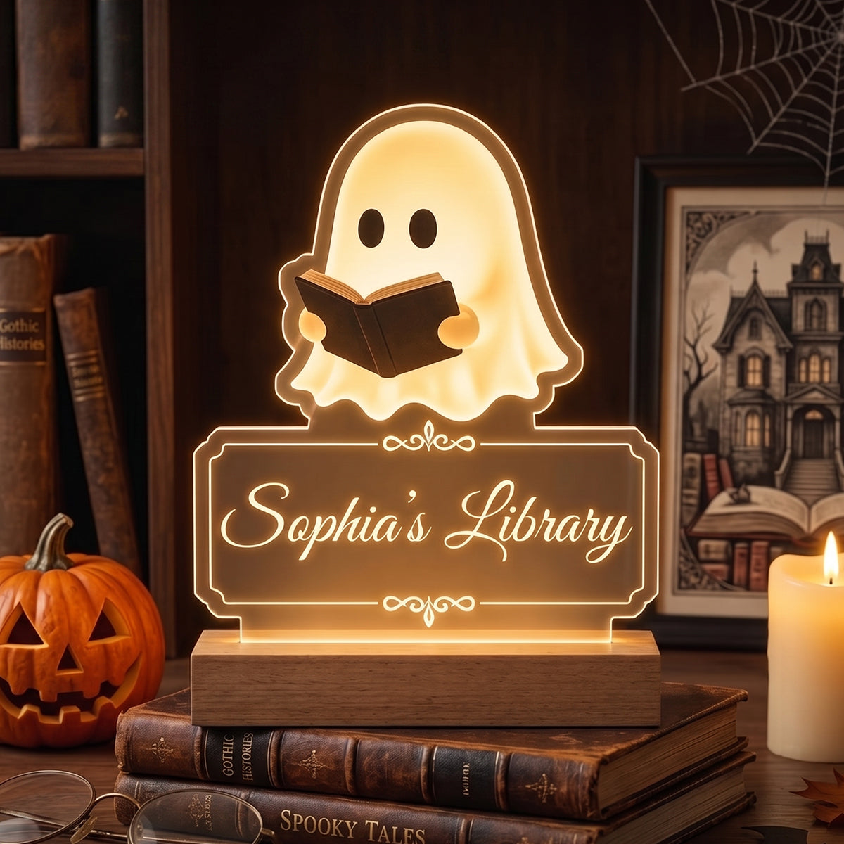Personalized Name Acrylic Night Light With Bookworm Ghost For Halloween Decor