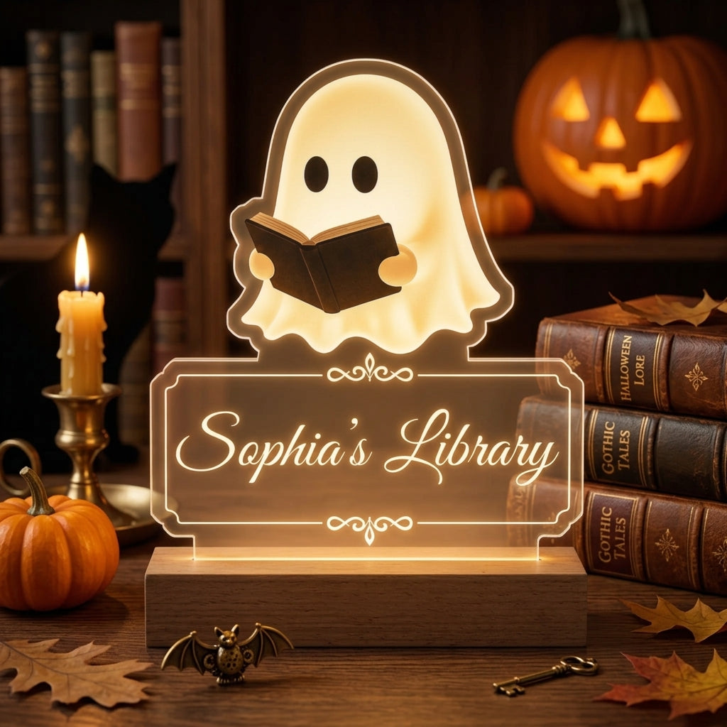 Personalized Name Acrylic Night Light With Bookworm Ghost For Halloween Decor