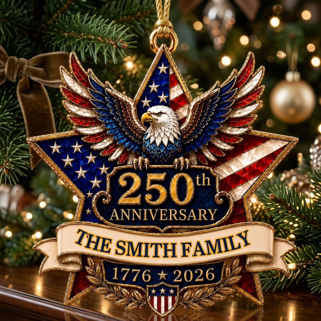 Personalized Family Name 250th Anniversary Acrylic Ornament With Patriotic Eagle Star For Christmas