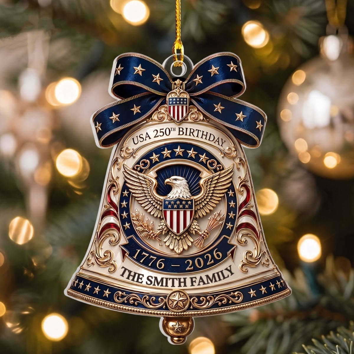 Personalized 250th Birthday Bell Acrylic Ornament With Eagle Bow Art For Christmas Tree Decor