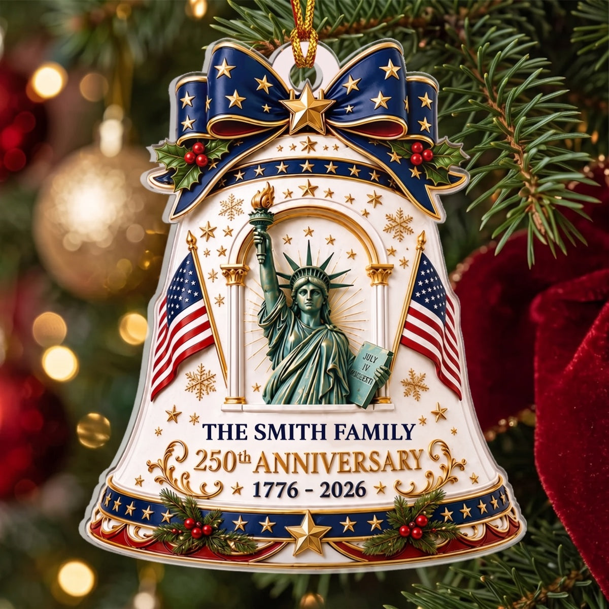 Personalized 250th Anniversary Bell Ornament With Statue Of Liberty For Christmas Tree Decor