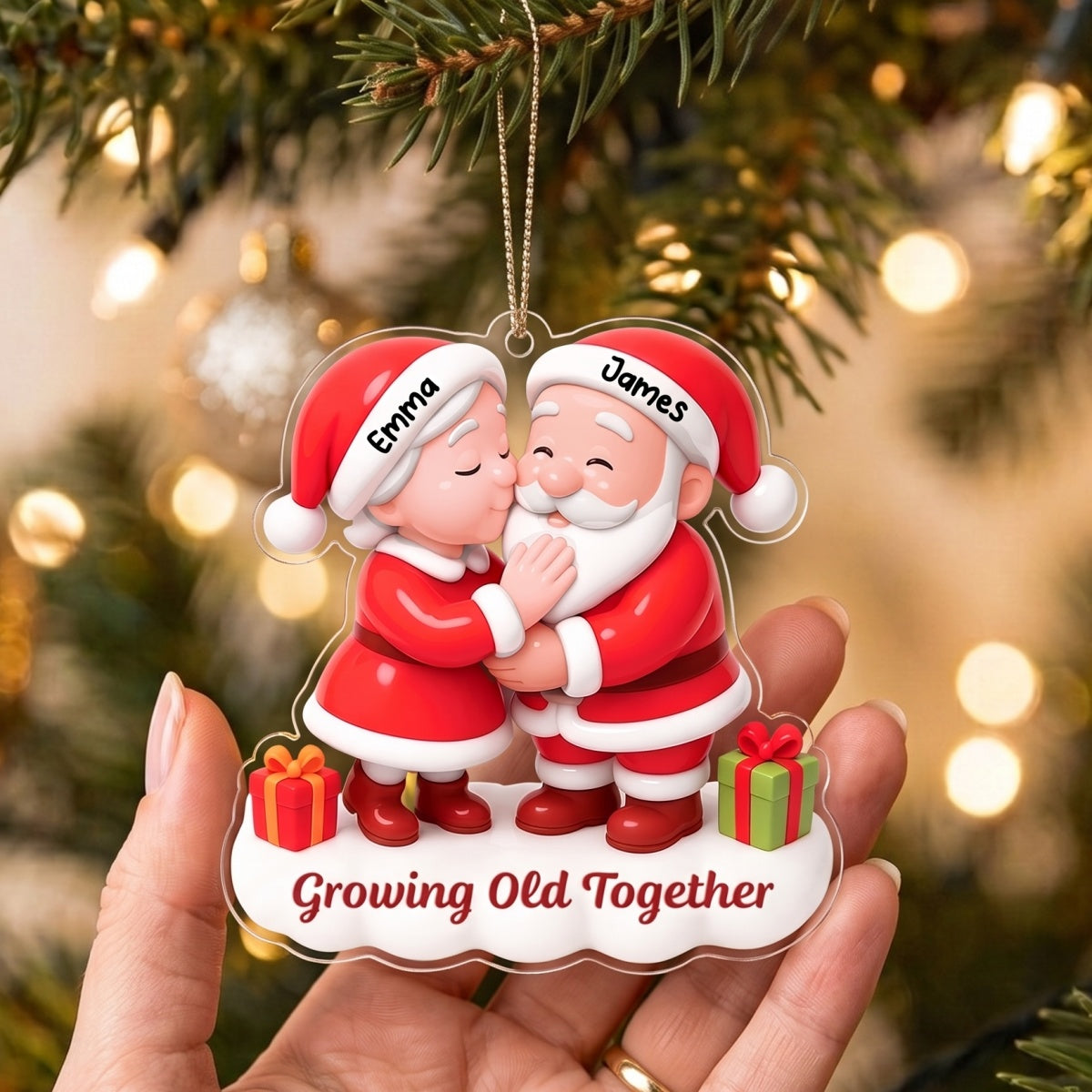 Personalized Couple Name Acrylic Ornament With Kissing Santa & Mrs Claus - Christmas Gift