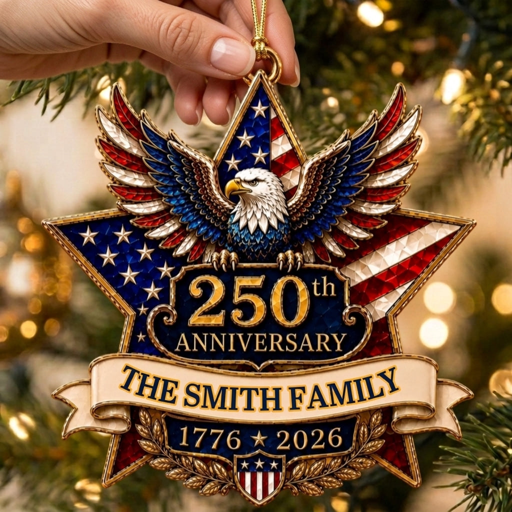 Personalized Family Name 250th Anniversary Acrylic Ornament With Patriotic Eagle Star For Christmas