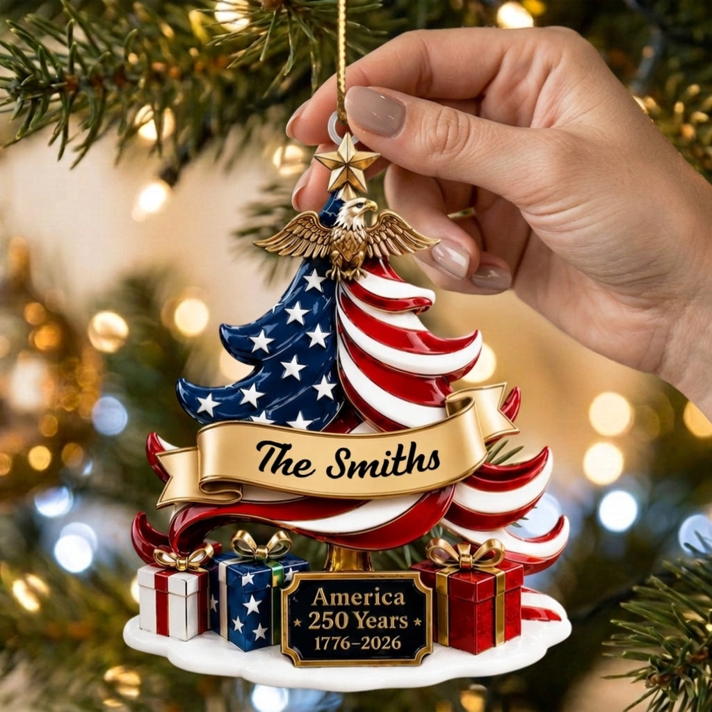 Personalized Family Name 250th Acrylic Ornament With USA Flag Tree Eagle For Christmas Gift