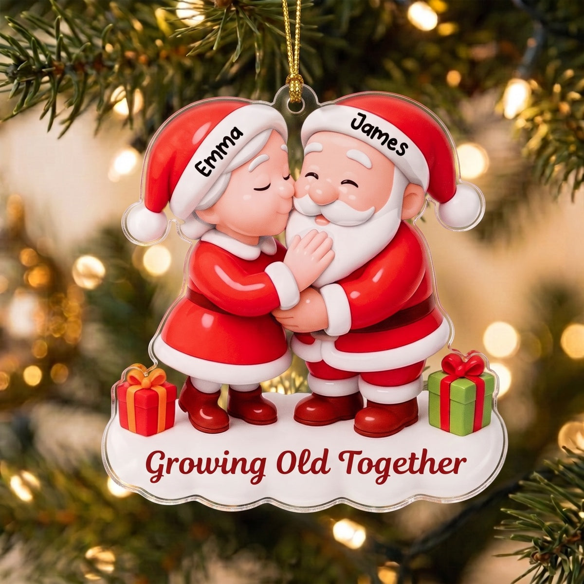 Personalized Couple Name Acrylic Ornament With Kissing Santa & Mrs Claus - Christmas Gift