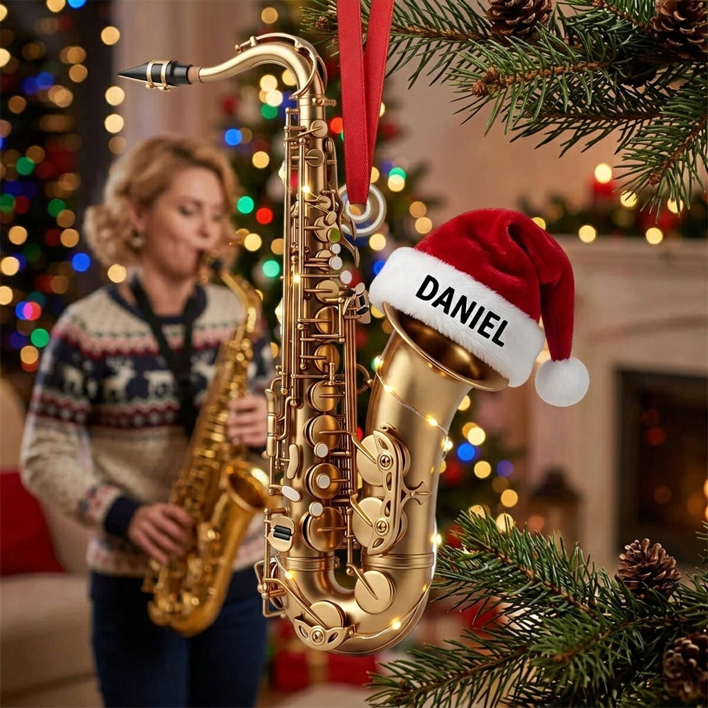 Personalized Name Saxophone Christmas Ornament With Santa Hat | Keepsake Gift For Band Player