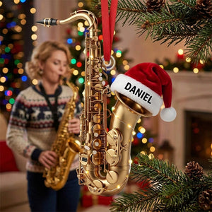 Personalized Name Saxophone Christmas Ornament With Santa Hat | Keepsake Gift For Band Player