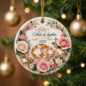 Personalized Couple Name Ceramic Ornament With Gold Rings Rose | Wedding Gift For Christmas