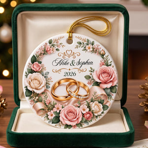 Personalized Couple Name Ceramic Ornament With Gold Rings Rose | Wedding Gift For Christmas