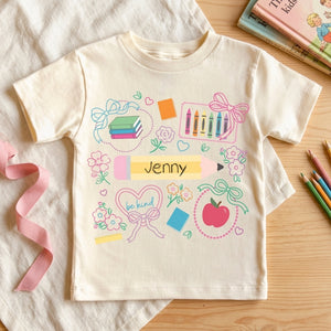 Personalized Name Kids T-Shirt With Pencil Crayon School Doodle For Back To School Gift