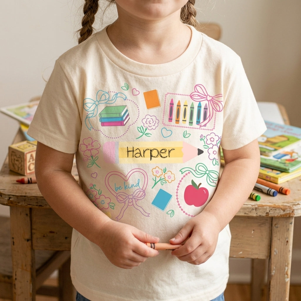Personalized Name Kids T-Shirt With Pencil Crayon School Doodle For Back To School Gift