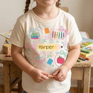 Personalized Name Kids T-Shirt With Pencil Crayon School Doodle For Back To School Gift
