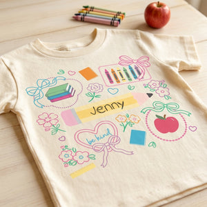 Personalized Name Kids T-Shirt With Pencil Crayon School Doodle For Back To School Gift