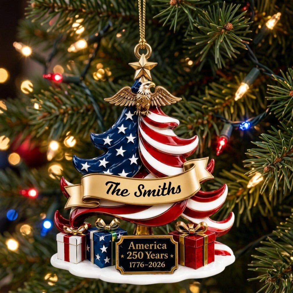 Personalized Family Name 250th Acrylic Ornament With USA Flag Tree Eagle For Christmas Gift