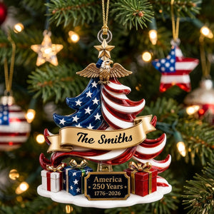 Personalized Family Name 250th Acrylic Ornament With USA Flag Tree Eagle For Christmas Gift