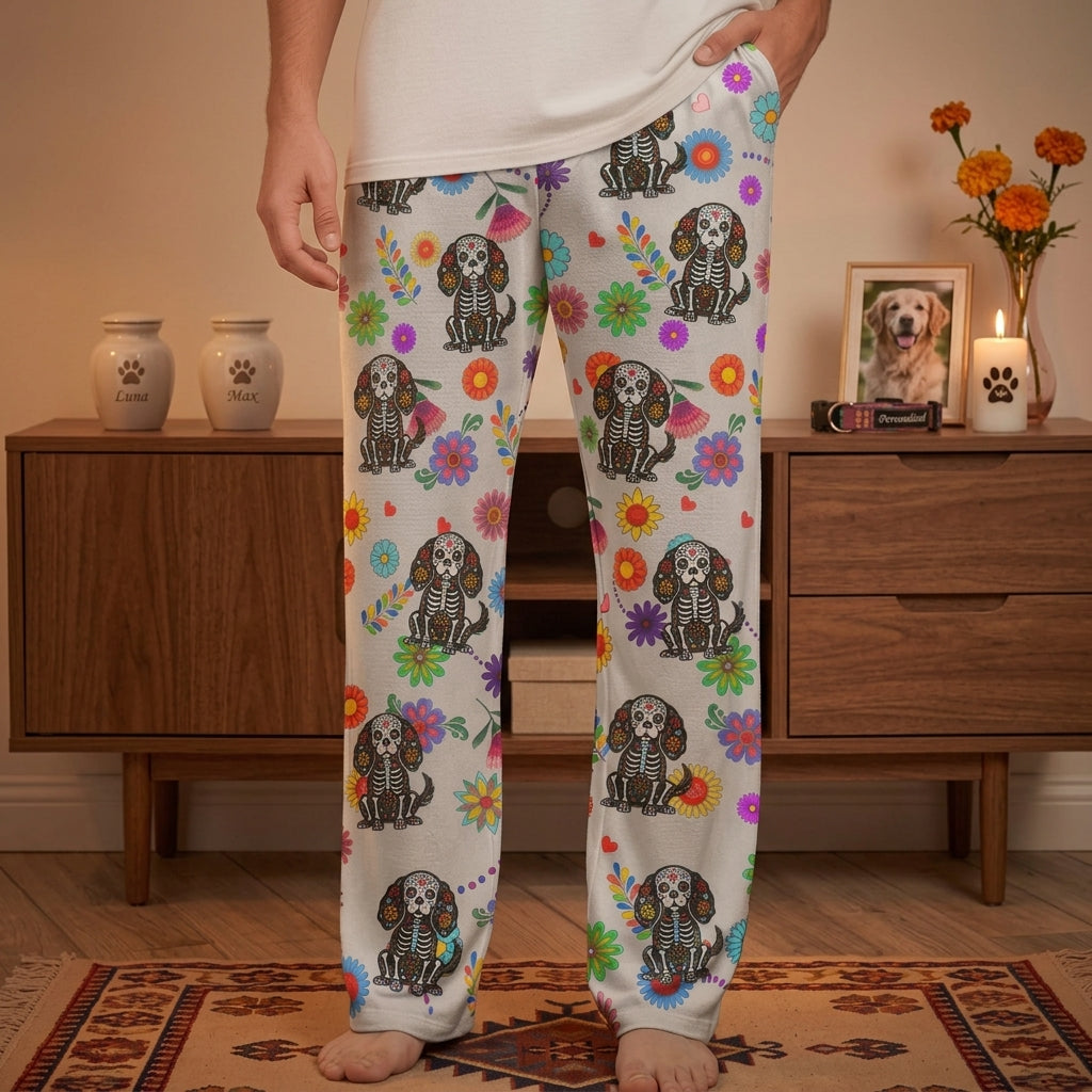 Personalized Name Lounge Pants With Floral Pet Sugar Skull - Dia De Los Muertos Gift