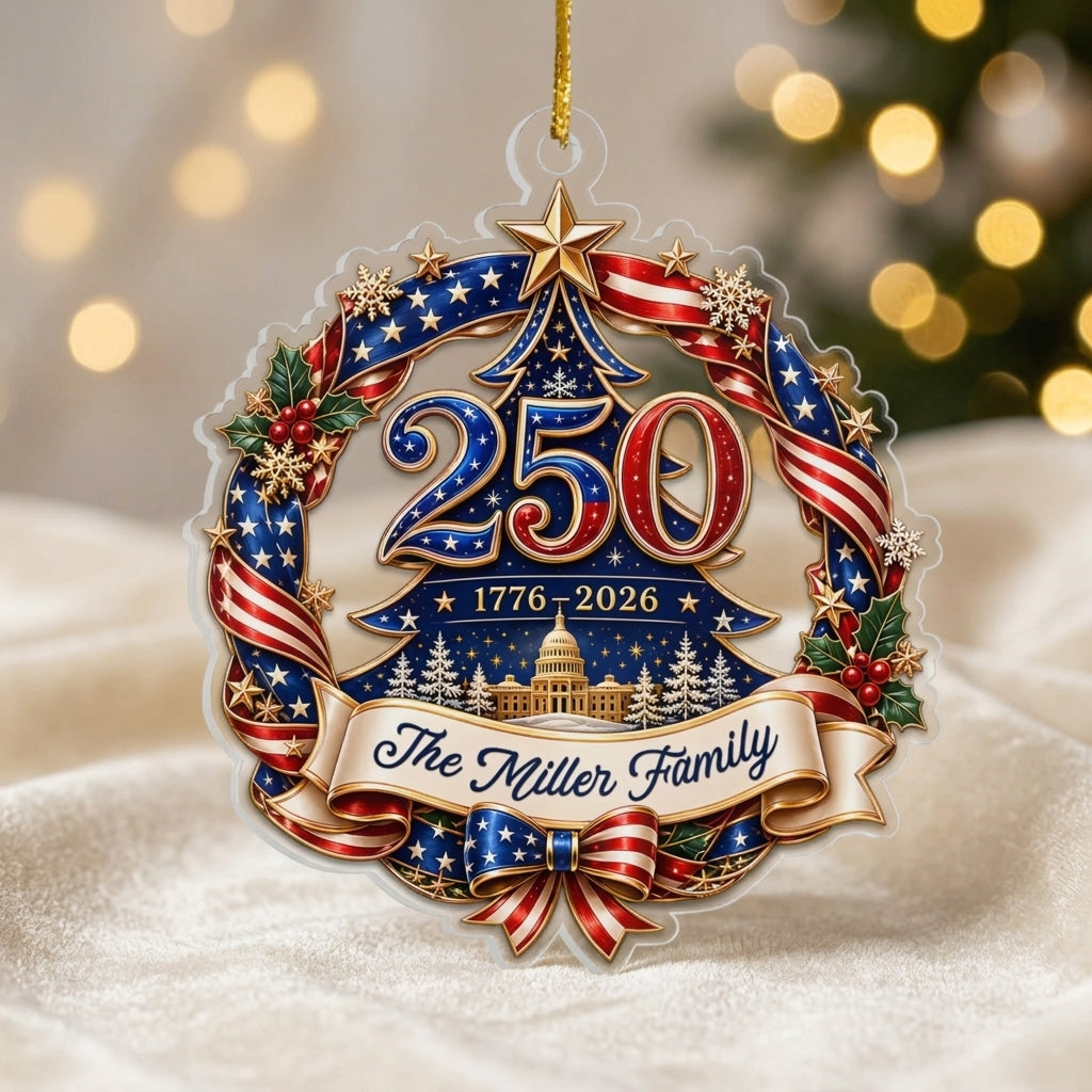 Personalized Family Name 250th Flag Wreath & Capitol Acrylic Ornament For Christmas Decor