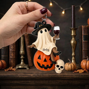 Personalized Name Pumpkin Skull Car Ornament With Ghost Witch Wine Statue - Halloween Gift