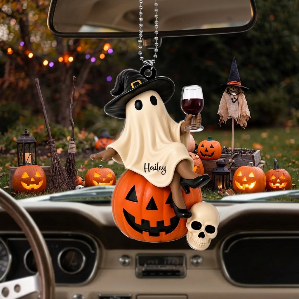 Personalized Name Pumpkin Skull Car Ornament With Ghost Witch Wine Statue - Halloween Gift