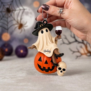 Personalized Name Pumpkin Skull Car Ornament With Ghost Witch Wine Statue - Halloween Gift