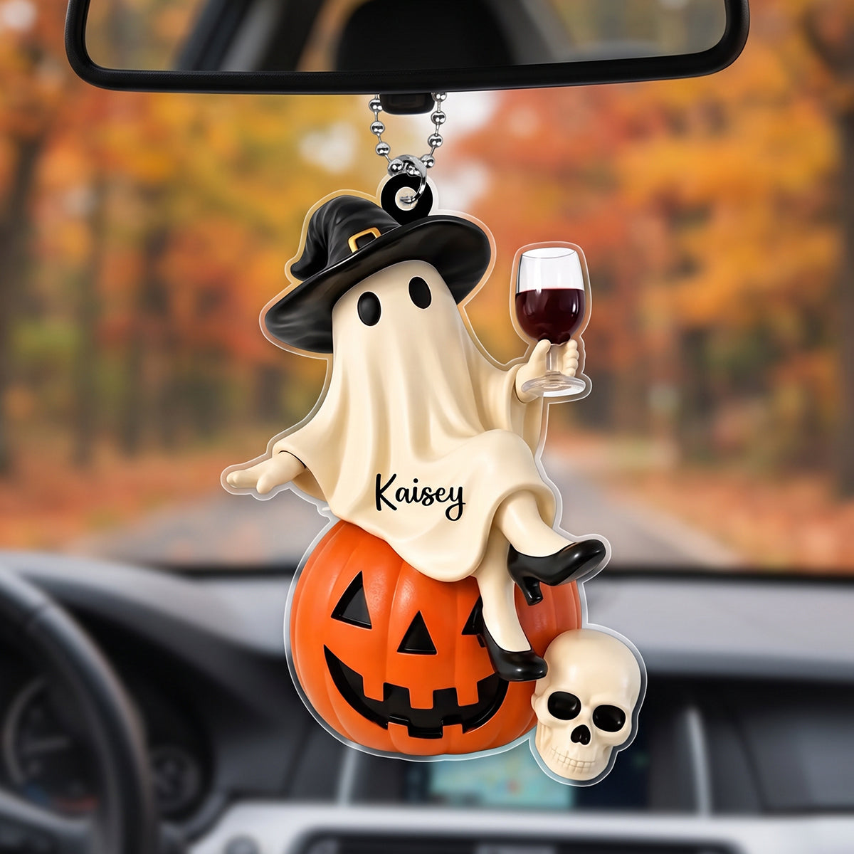 Personalized Name Pumpkin Skull Car Ornament With Ghost Witch Wine Statue - Halloween Gift
