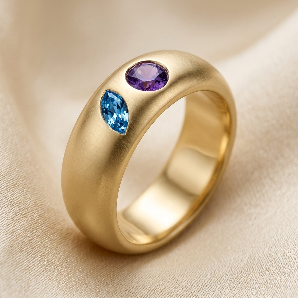 Personalized Double Birthstone Ring With Marquise & Round Gemstone For Birthday Gift