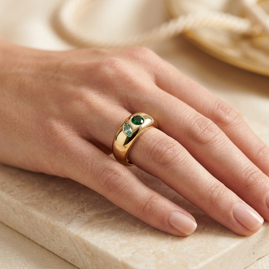 Personalized Double Birthstone Ring With Marquise & Round Gemstone For Birthday Gift