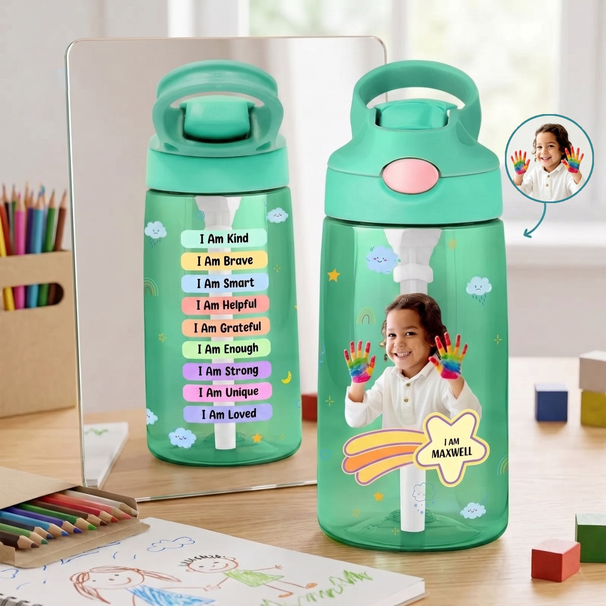 Personalized Photo Name Kids Water Bottle With I Am Affirmation Design For Back To School