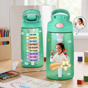 Personalized Photo Name Kids Water Bottle With I Am Affirmation Design For Back To School