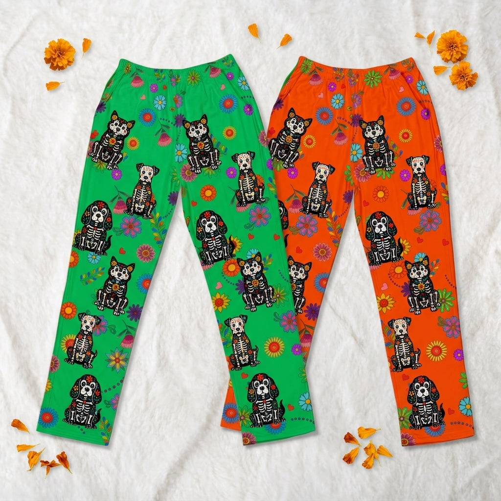 Personalized Name Lounge Pants With Floral Pet Sugar Skull - Dia De Los Muertos Gift
