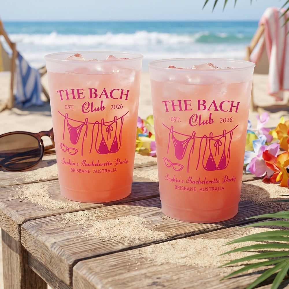 Personalized Bride Name Plastic Cups With Bikini Design For Couple Engaged Beach Party