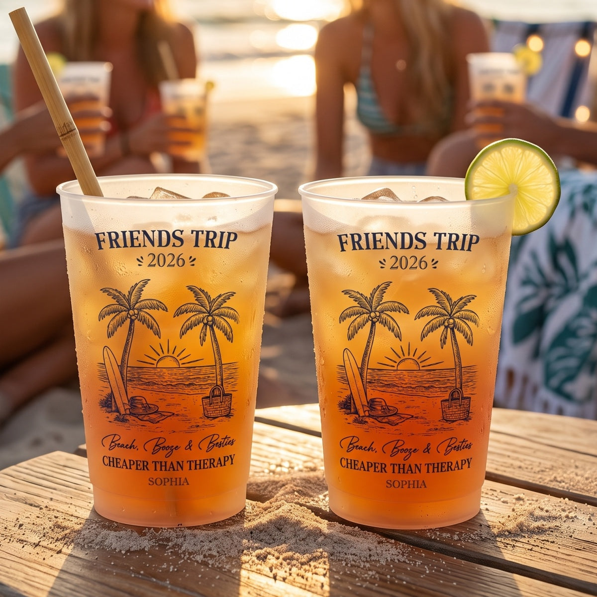 Personalized Name And Year Plastic Cups With Palm Tree Surfboard Art For Beach Vacation Party