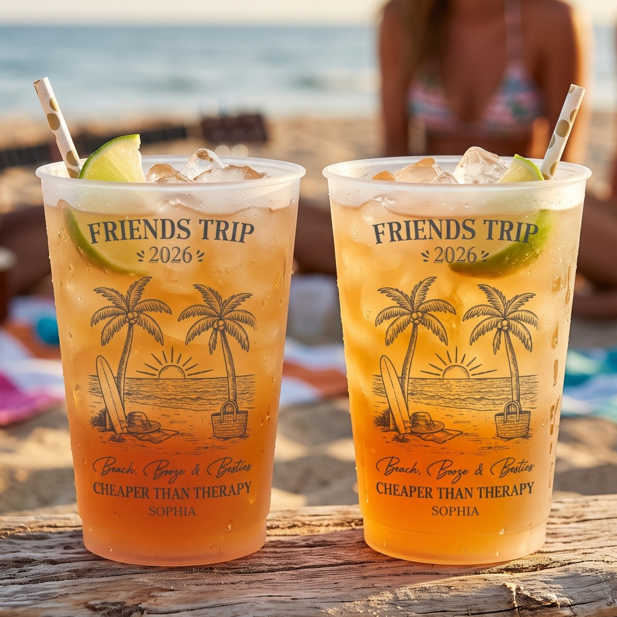 Personalized Name And Year Plastic Cups With Palm Tree Surfboard Art For Beach Vacation Party