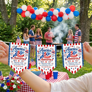 Custom Name America 250th Anniversary Banner With Flag Firework Graphic For 4th Of July Party Decor