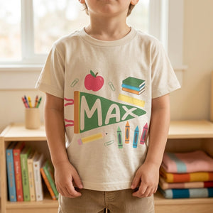Personalized Name Kids T-Shirt With Pennant Flag School Doodle For Back To School Gift