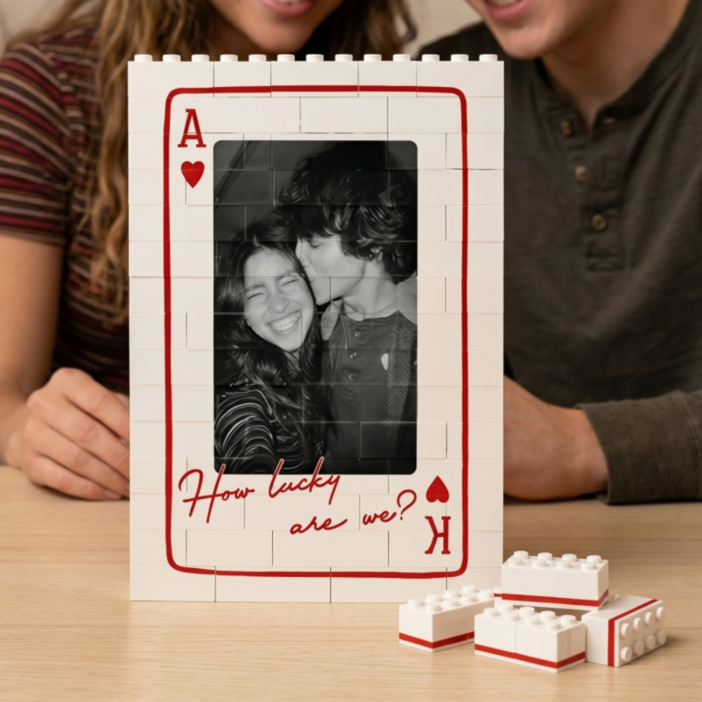 Personalized Photo Building Brick Blocks With Poker Ace King Border For Couples Wedding Anniversary Gift